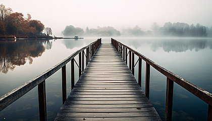 A long, narrow jetty extending out into a serene lake.