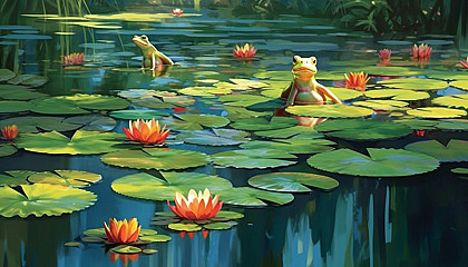 Frogs lounging on lily pads in a tranquil pond.