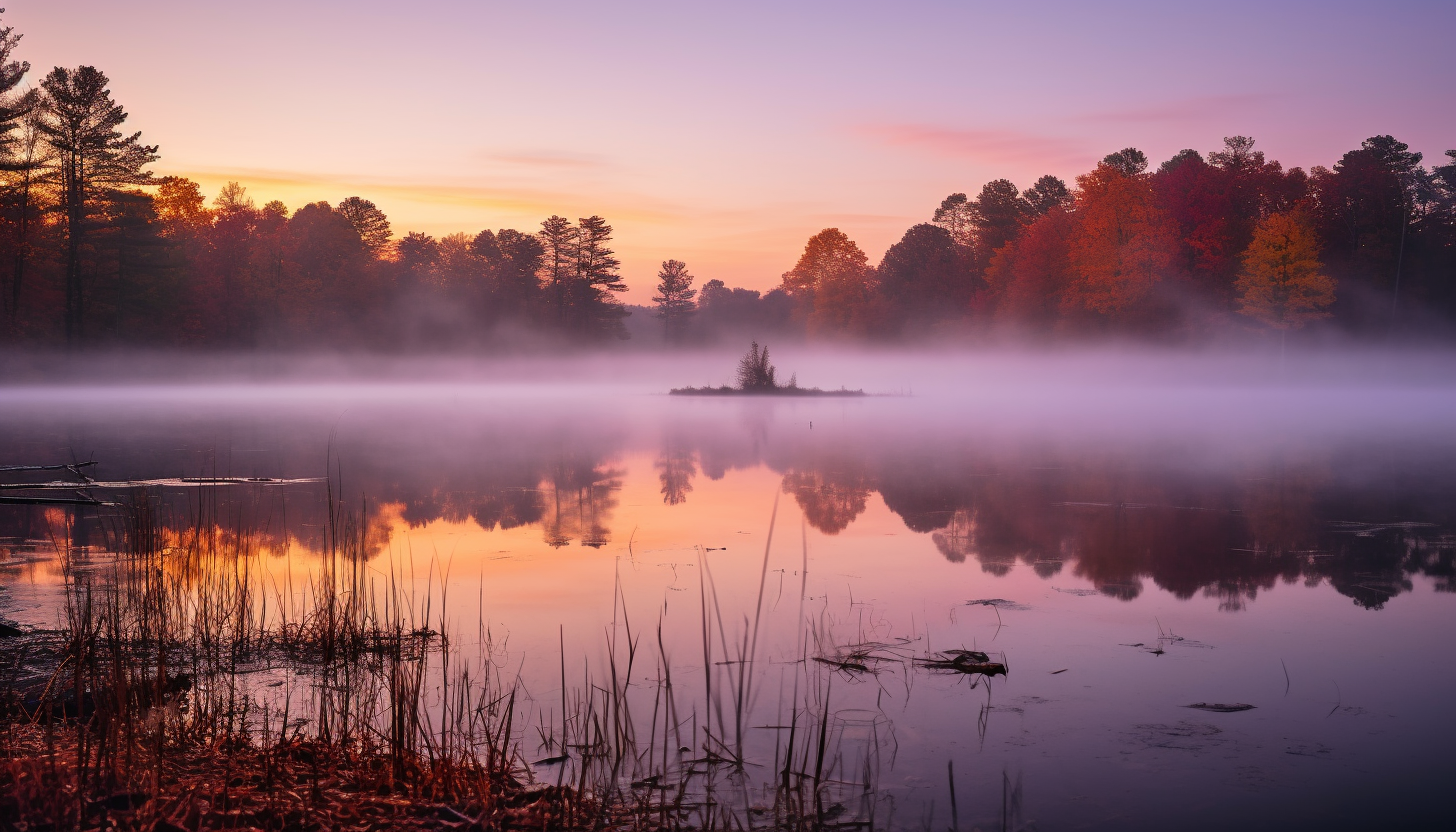 A misty lake reflecting the colors of an early sunrise.