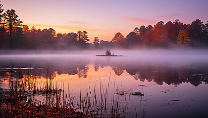 A misty lake reflecting the colors of an early sunrise.