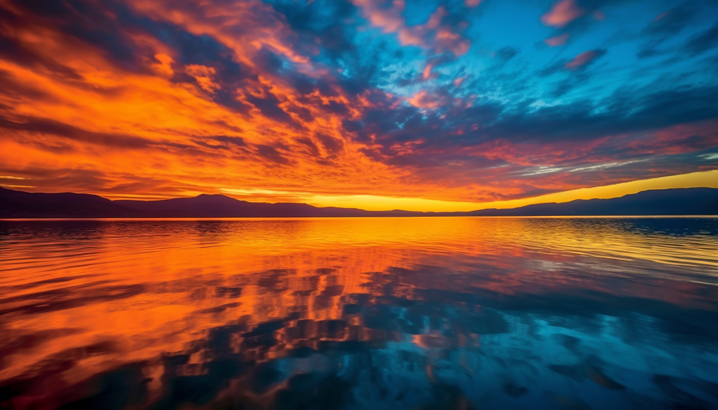 A fiery sunset mirrored on a calm sea.