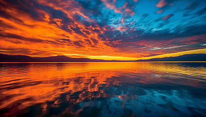 A fiery sunset mirrored on a calm sea.