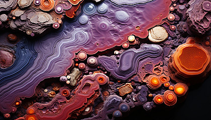 The intricate and colorful patterns found in the cross-section of a mineral.