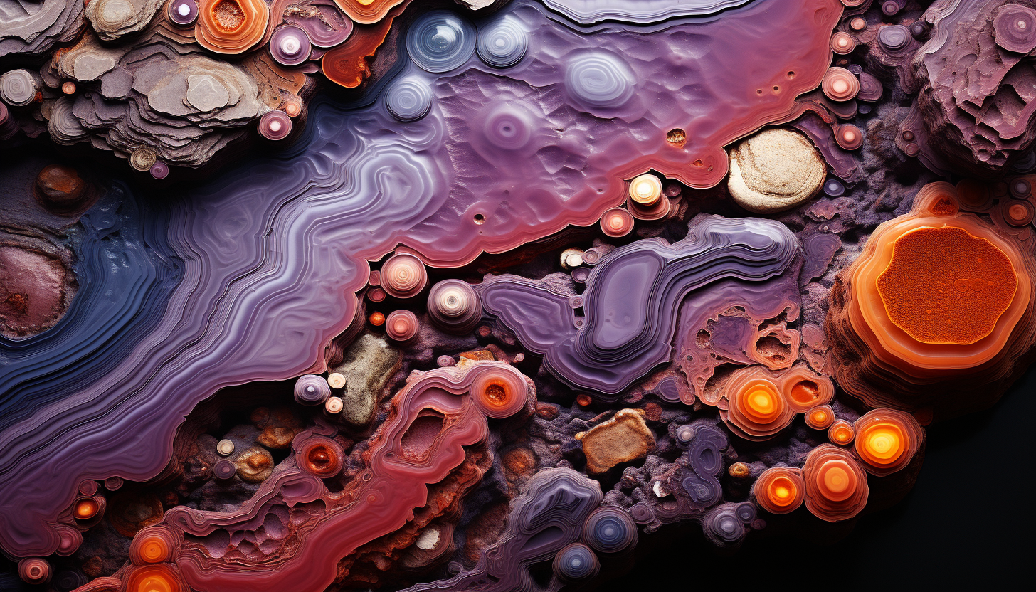 The intricate and colorful patterns found in the cross-section of a mineral.