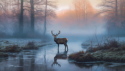 A wild deer appearing from the mist in a quiet, frosty morning.