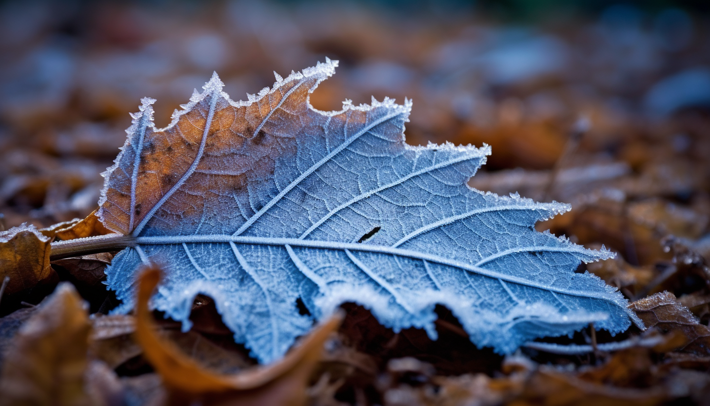 Frost patterns on a leaf during a chilly winter morning.