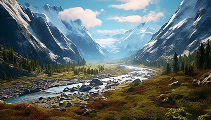 Majestic glaciers slowly moving through a pristine valley.