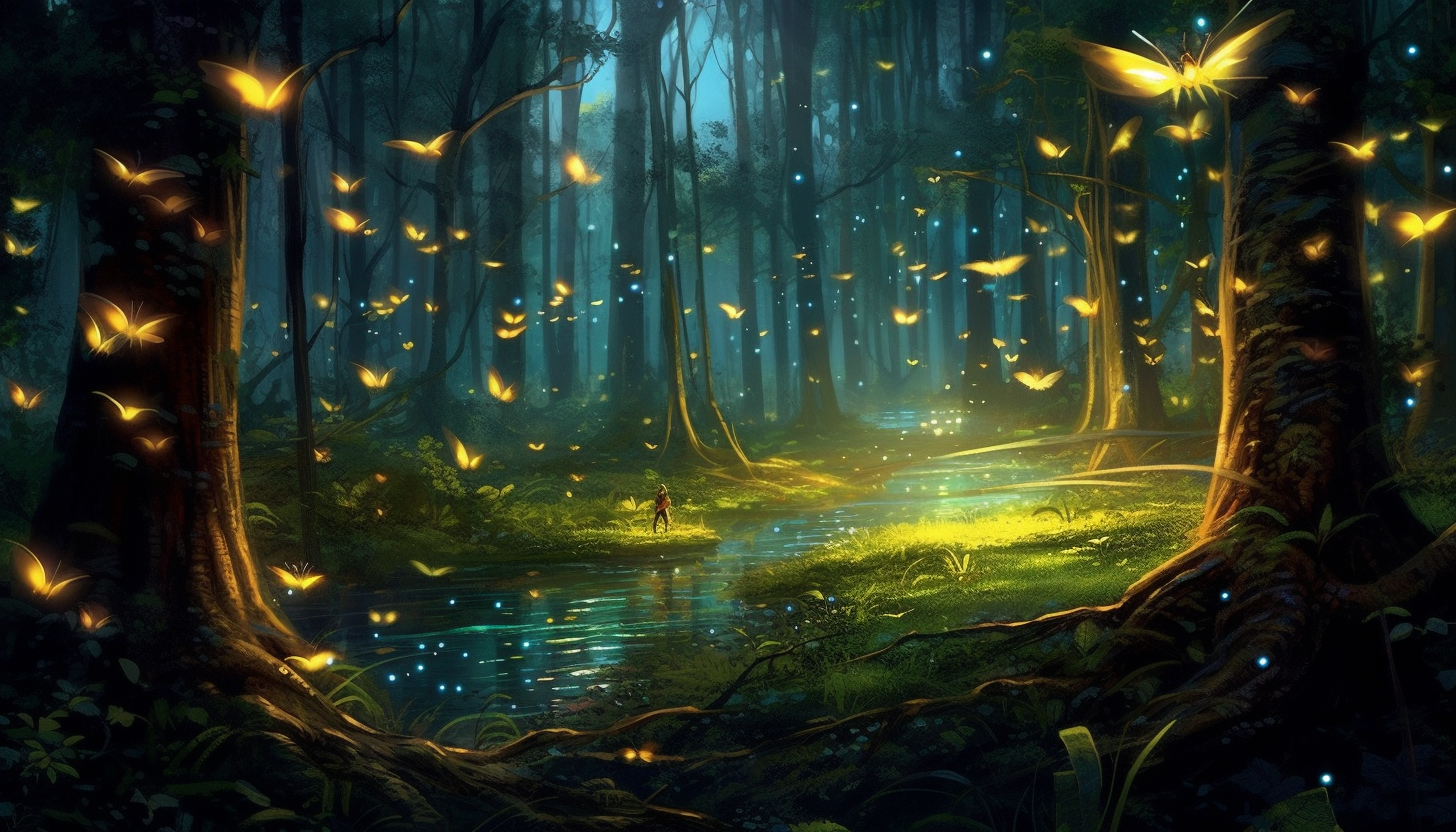 Luminous fireflies creating a spectacle in a twilight forest.