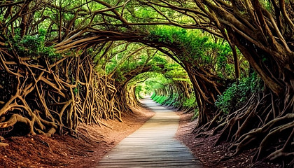 A path leading into a tunnel made from intertwining trees.