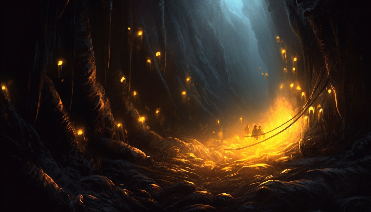 Glowing worms illuminating a dark cave.