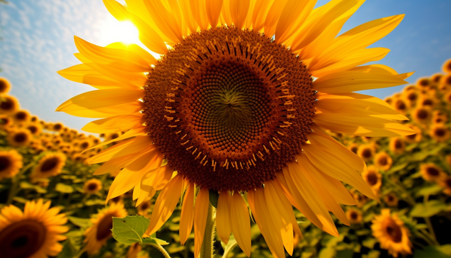 An ant's eye view of a towering sunflower.