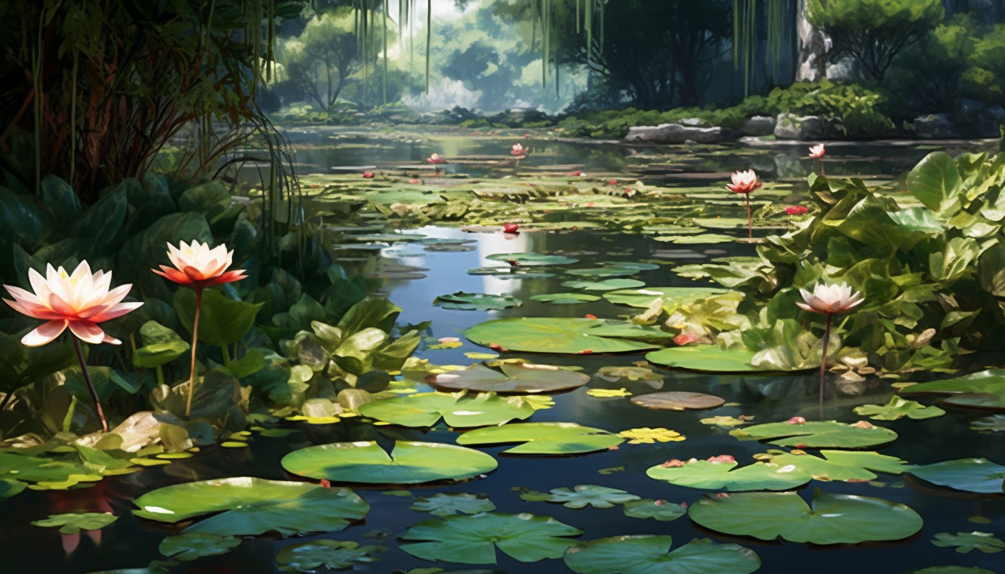 A tranquil pond filled with blooming water lilies and floating leaves.