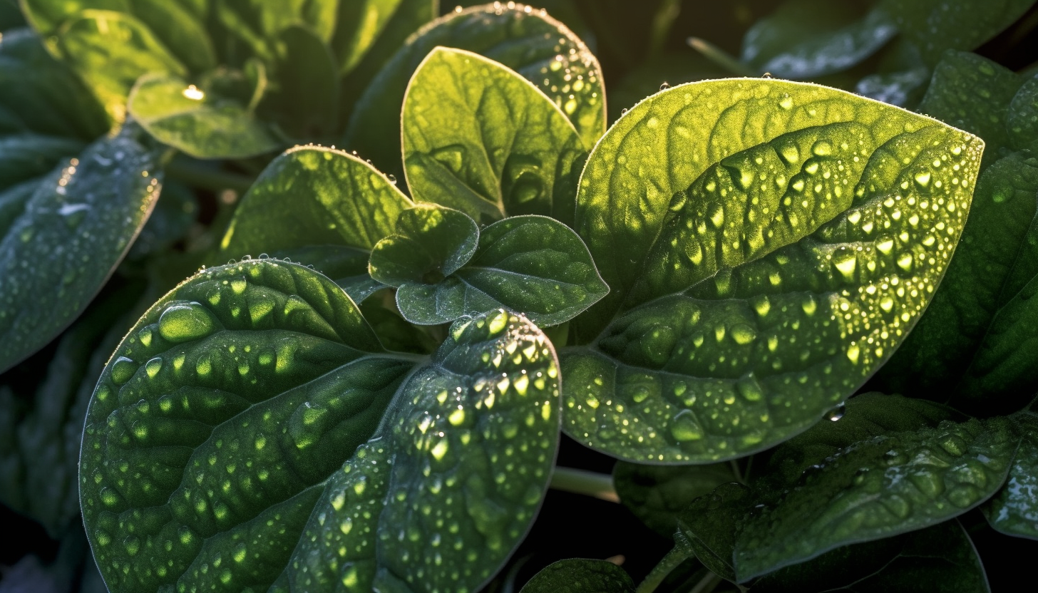 Close-up of dew-kissed leaves in the early morning light.