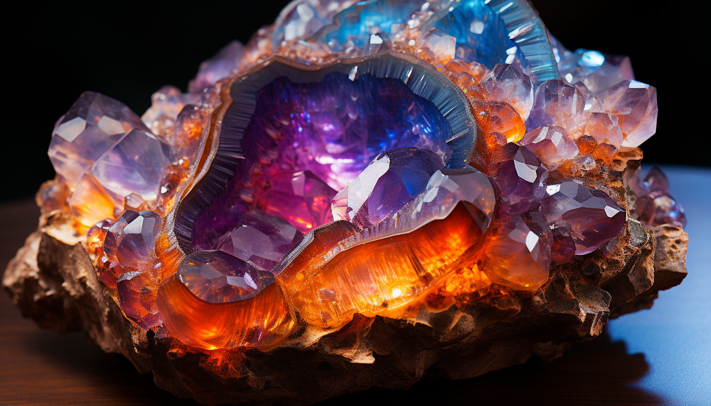 The iridescent interior of a geode, sparkling with color.