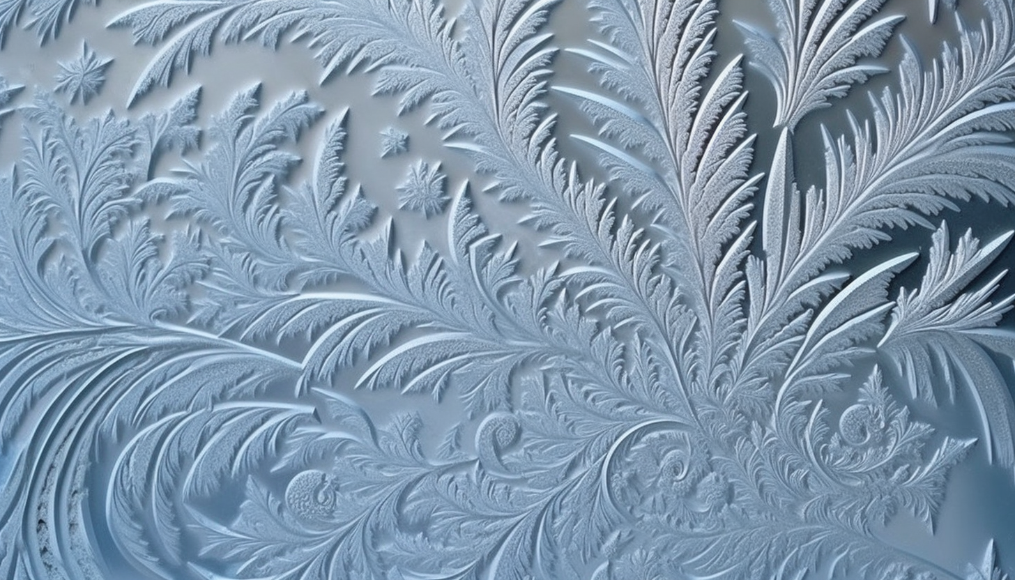 Frost patterns forming intricate designs on a winter window.