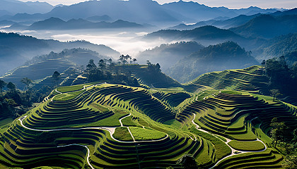 A series of terraced rice fields sculpting a hilly landscape.