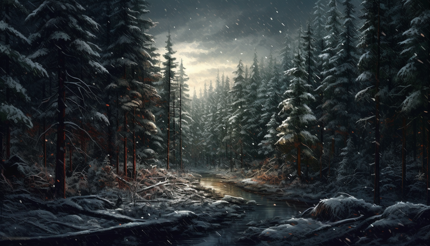 Silent snowfall over a tranquil pine forest.