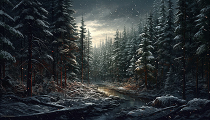 Silent snowfall over a tranquil pine forest.