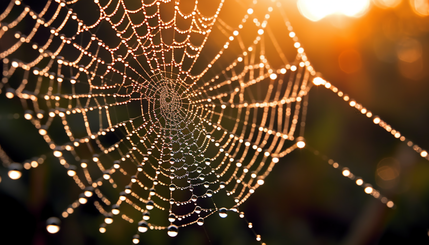 Dewdrops on a spider's web shimmering in the morning light.