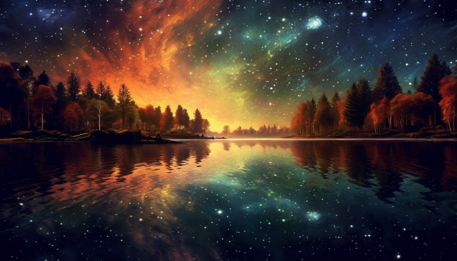 The sparkling night sky mirrored in a tranquil, secluded lake.