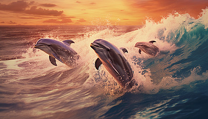 A group of playful dolphins jumping out of the ocean waves.