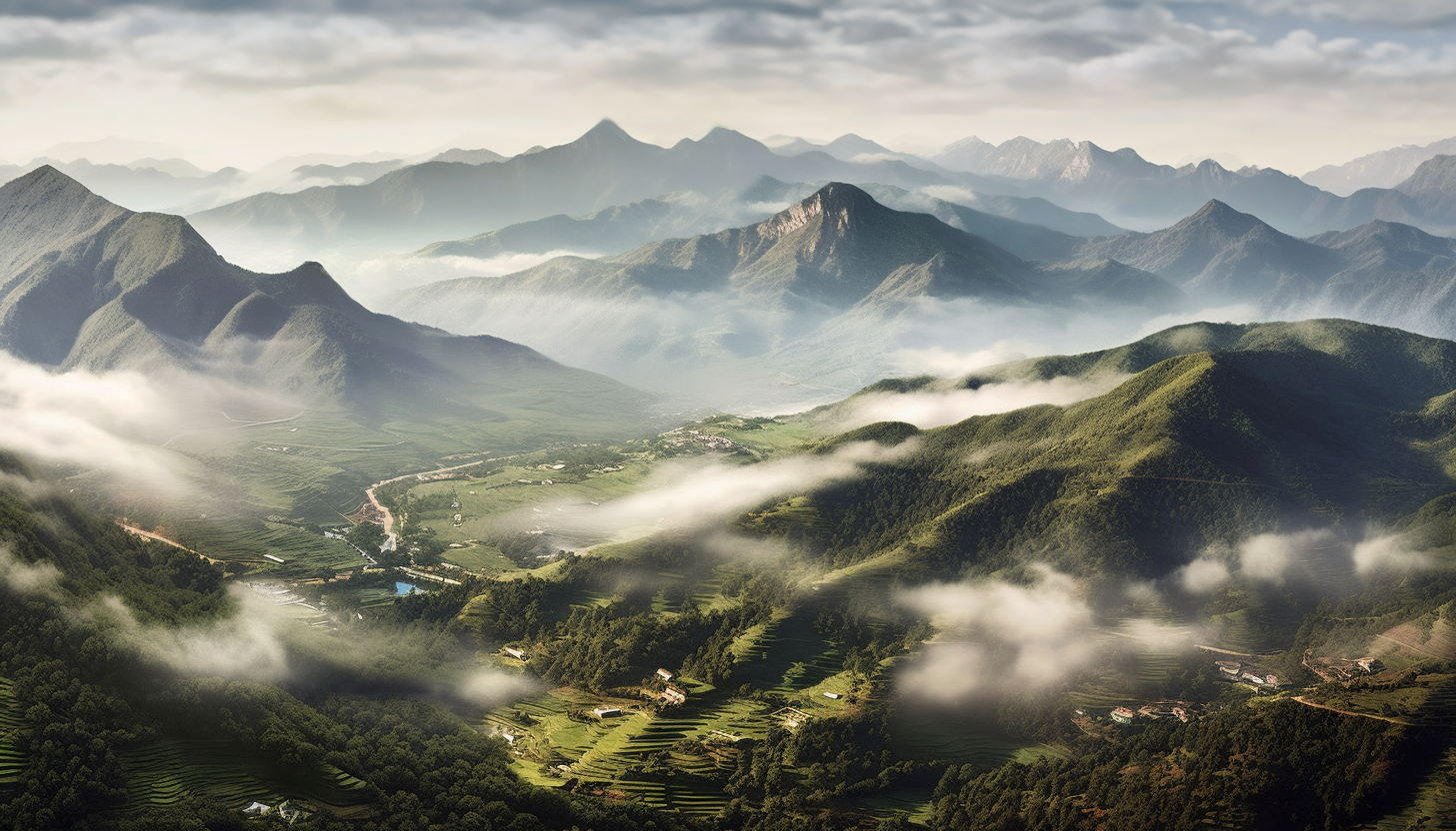 Misty valleys with low-lying clouds nestled between mountain ranges.