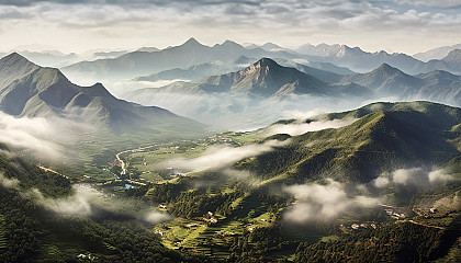 Misty valleys with low-lying clouds nestled between mountain ranges.