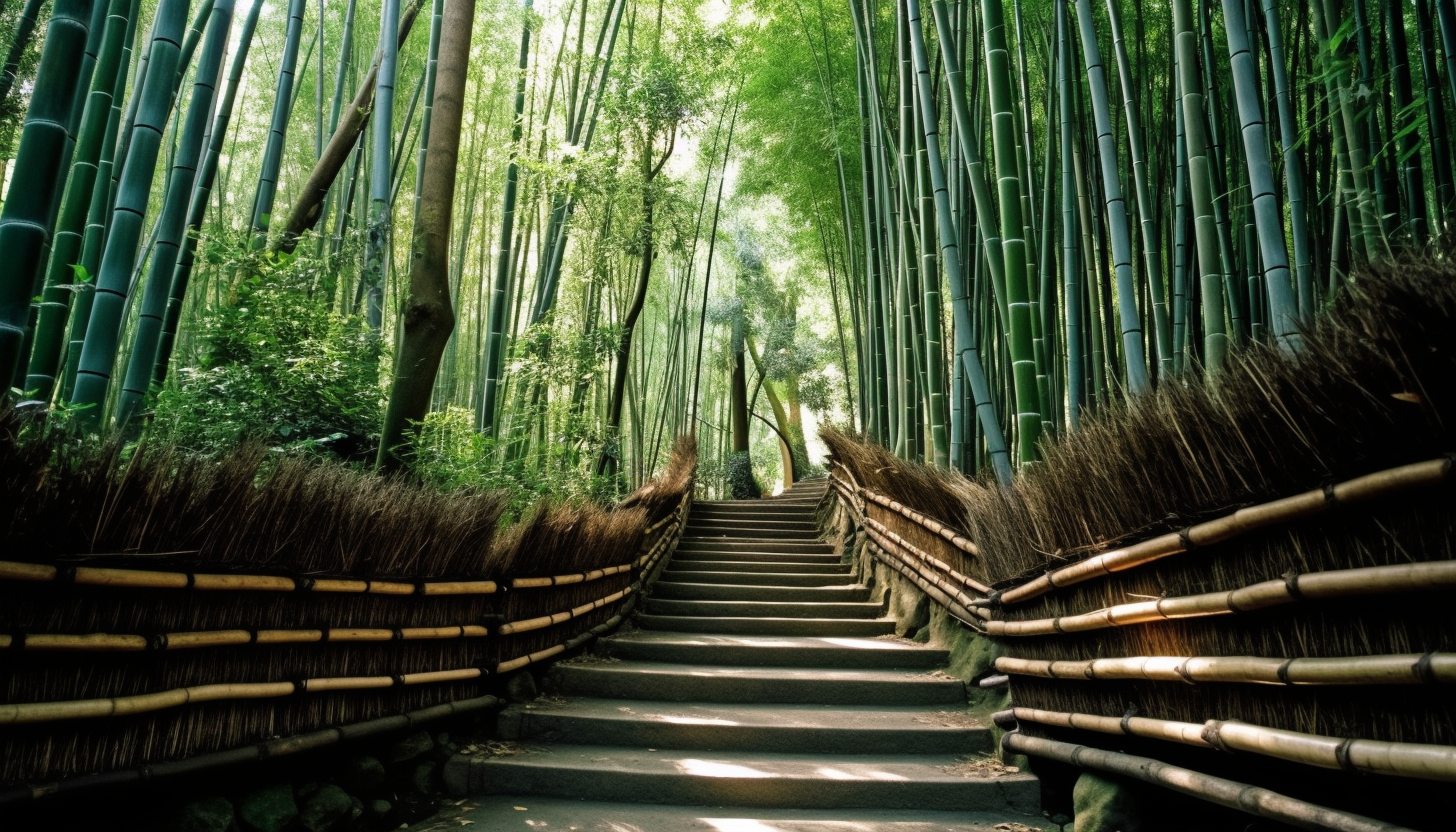 A narrow path winding through dense bamboo groves.