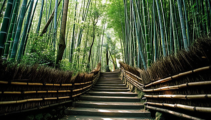 A narrow path winding through dense bamboo groves.