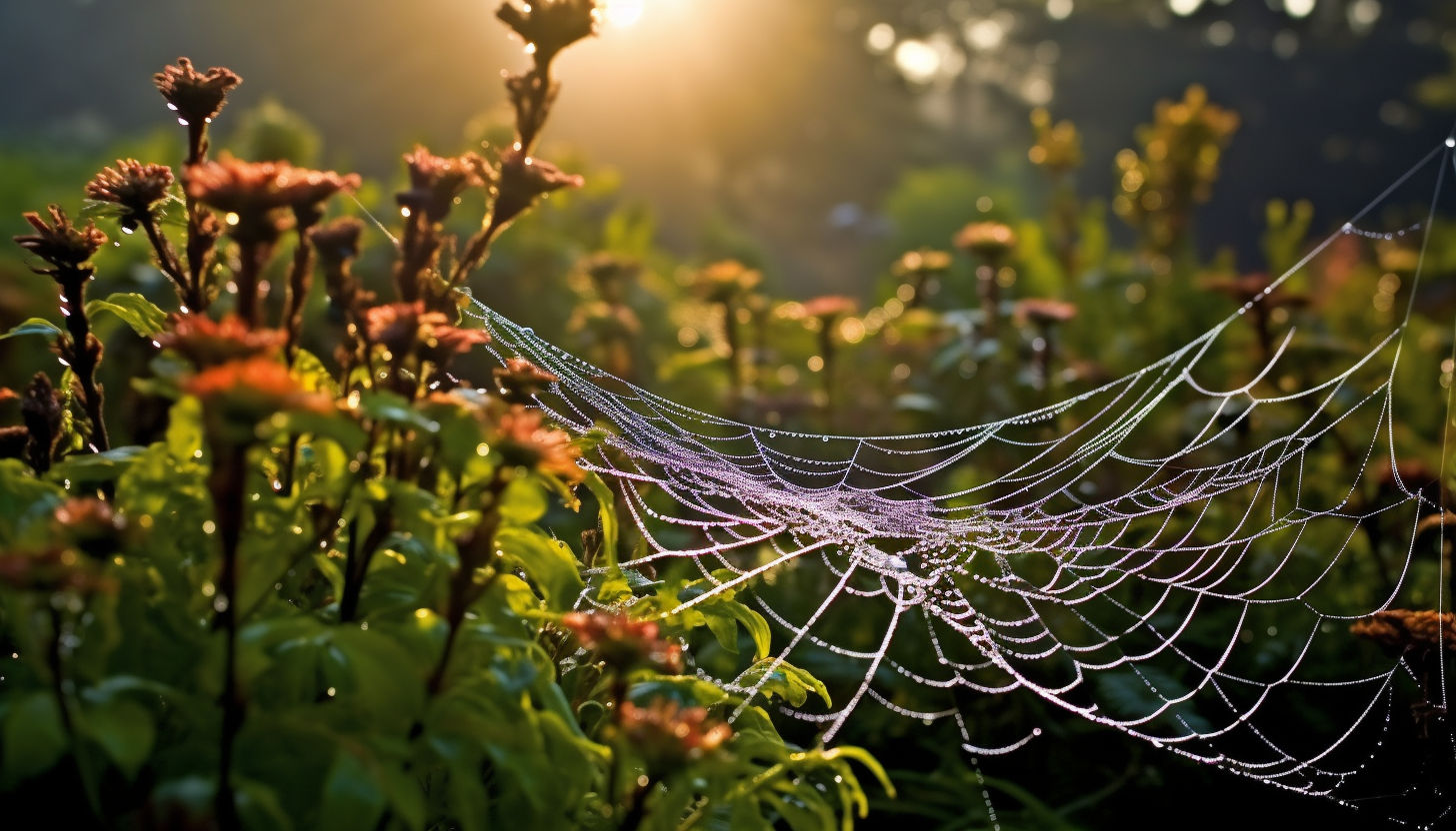 Dew-covered spiderwebs glistening in the morning sun.