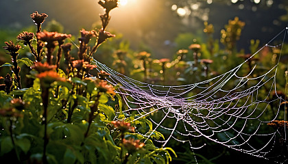 Dew-covered spiderwebs glistening in the morning sun.