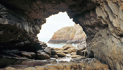 A view through a naturally-formed archway in a rock face.