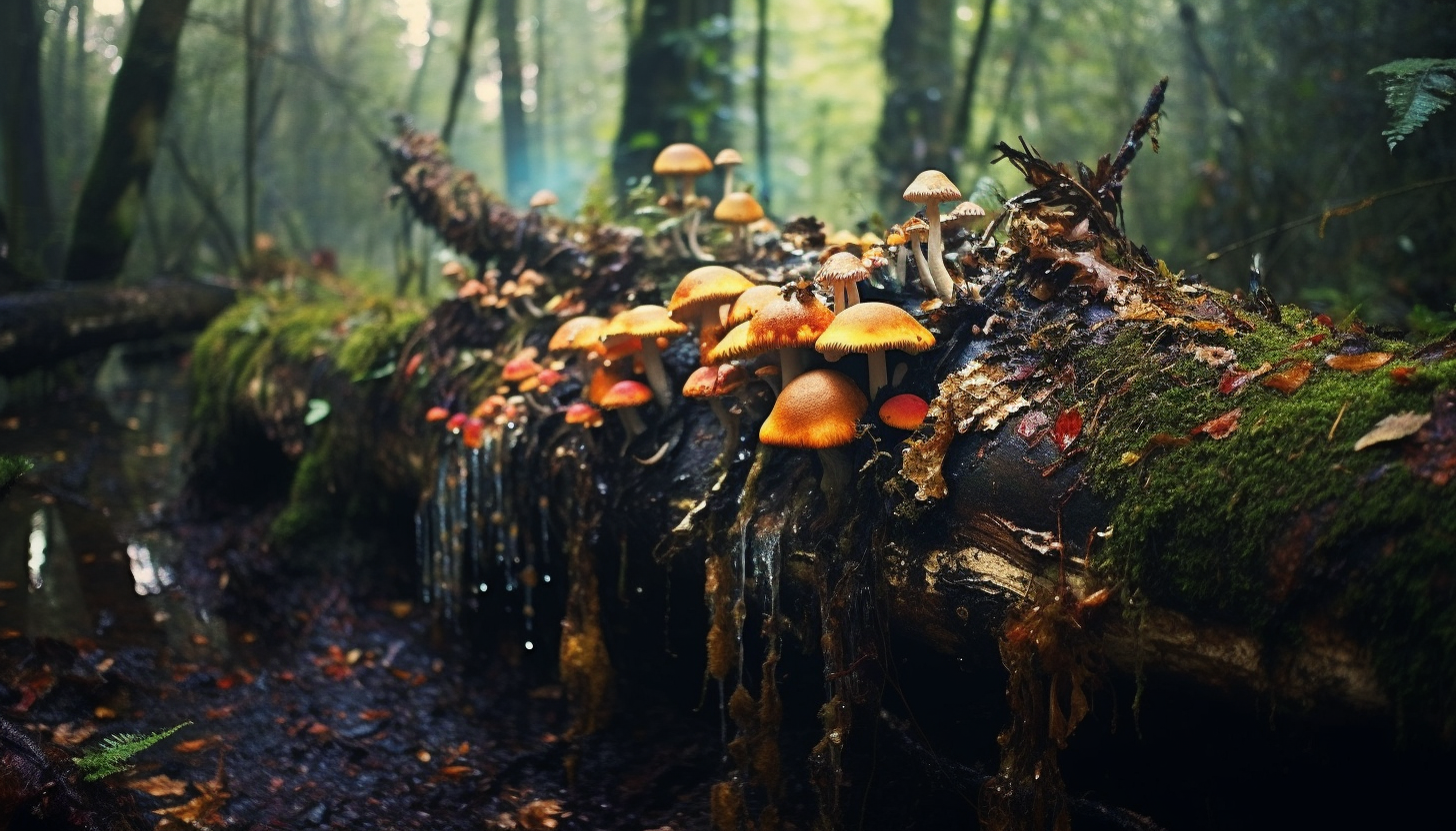 A fallen log covered with colorful fungi in a forest.