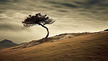 A lonely tree on a hill, shaped by the wind.