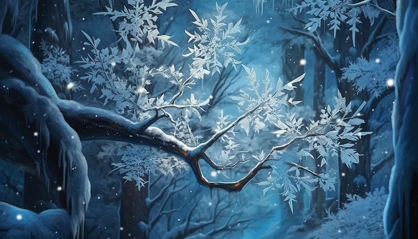 Snowflakes delicately perched on a branch, transforming the forest into a winter wonderland.