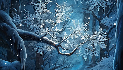 Snowflakes delicately perched on a branch, transforming the forest into a winter wonderland.