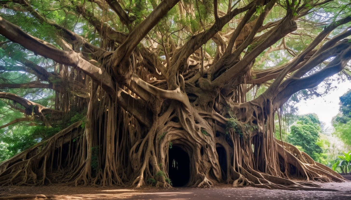 The majestic sprawl of an ancient Banyan tree.