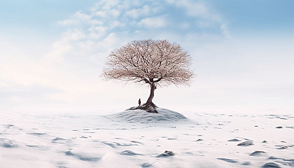 A solitary tree in the middle of a snowfield.