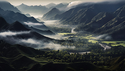 Misty valleys with low-lying clouds nestled between mountain ranges.