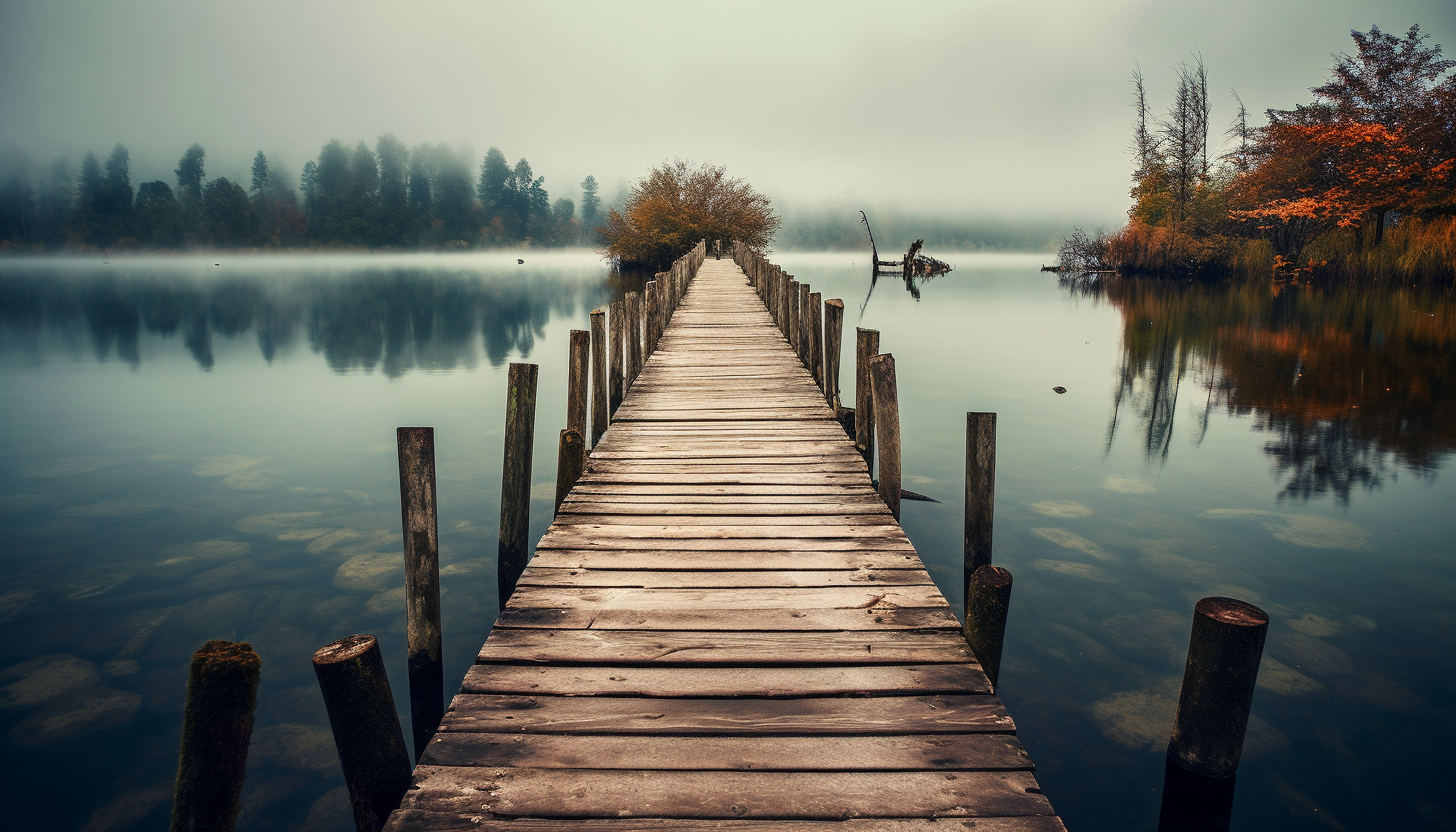 An old wooden jetty extending into a serene lake.