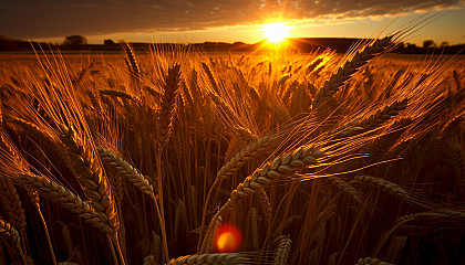 The glow of a setting sun against a field of ripe wheat.