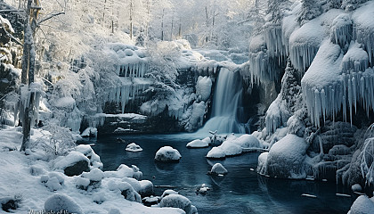 Frozen waterfalls in a winter wonderland.