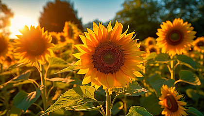 Sun-dappled meadows filled with bright, cheery sunflowers.