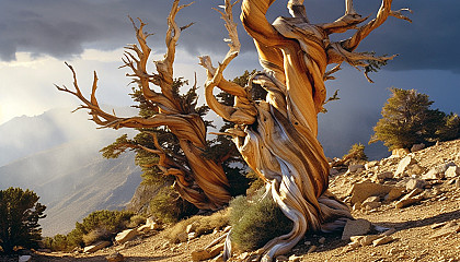 Twisted, ancient bristlecone pines in a high altitude landscape.