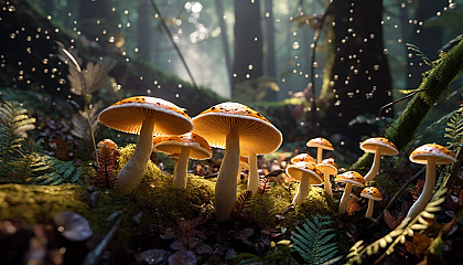 Mushroom clusters thriving in a dense forest floor.