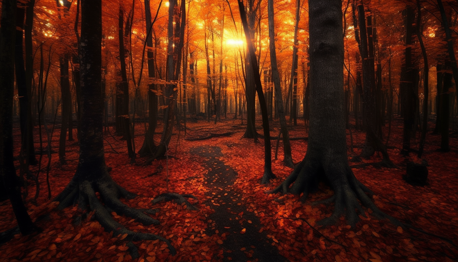 The fiery colors of a maple forest in autumn.