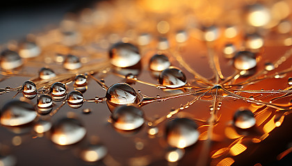 Macro shot of dewdrops on a spider's web, refracting morning light.