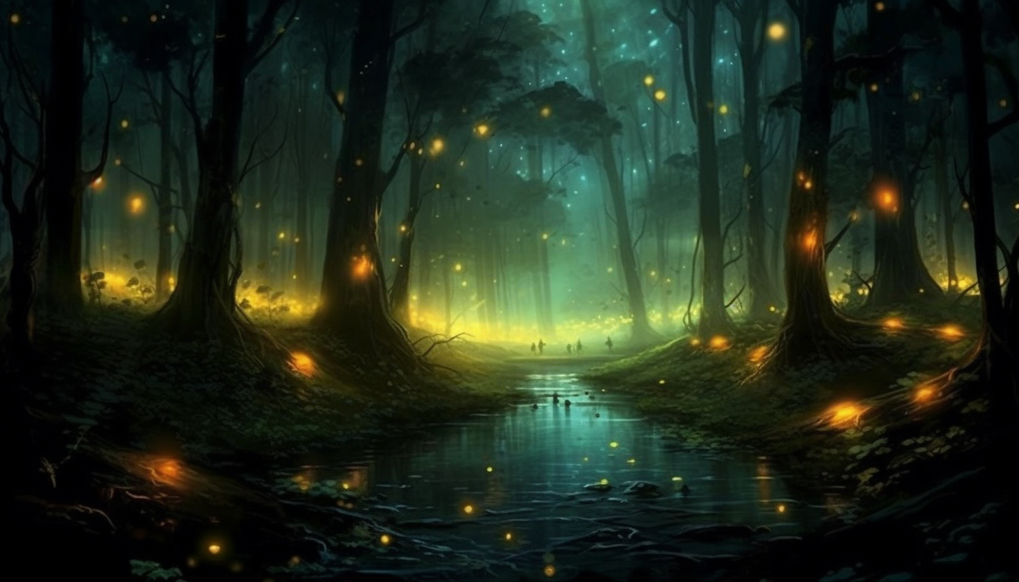 Fireflies illuminating a dark forest with their gentle glow.