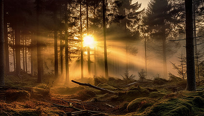 Rays of the setting sun piercing through a misty forest.