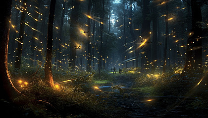 Luminous fireflies creating a spectacle in a twilight forest.